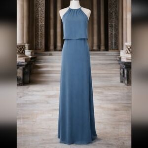 David's Bridal Blue Bridesmaid Halter Maxi Dress Size 12